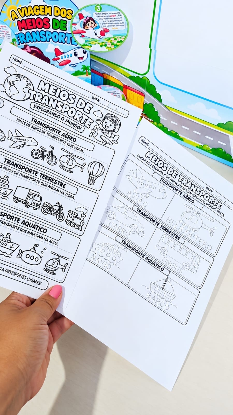 Kit Meios de Transportes para Educação Infantil e Anos Iniciais — amostra 5: Kit pedagógico em PDF com painéis, luva de…