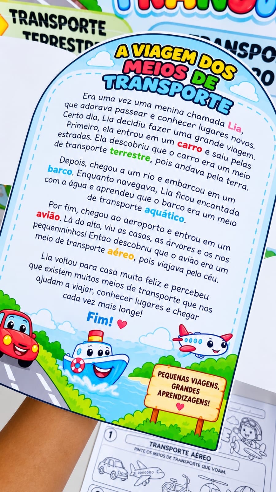 Kit Meios de Transportes para Educação Infantil e Anos Iniciais — amostra 7: Kit pedagógico em PDF com painéis, luva de…