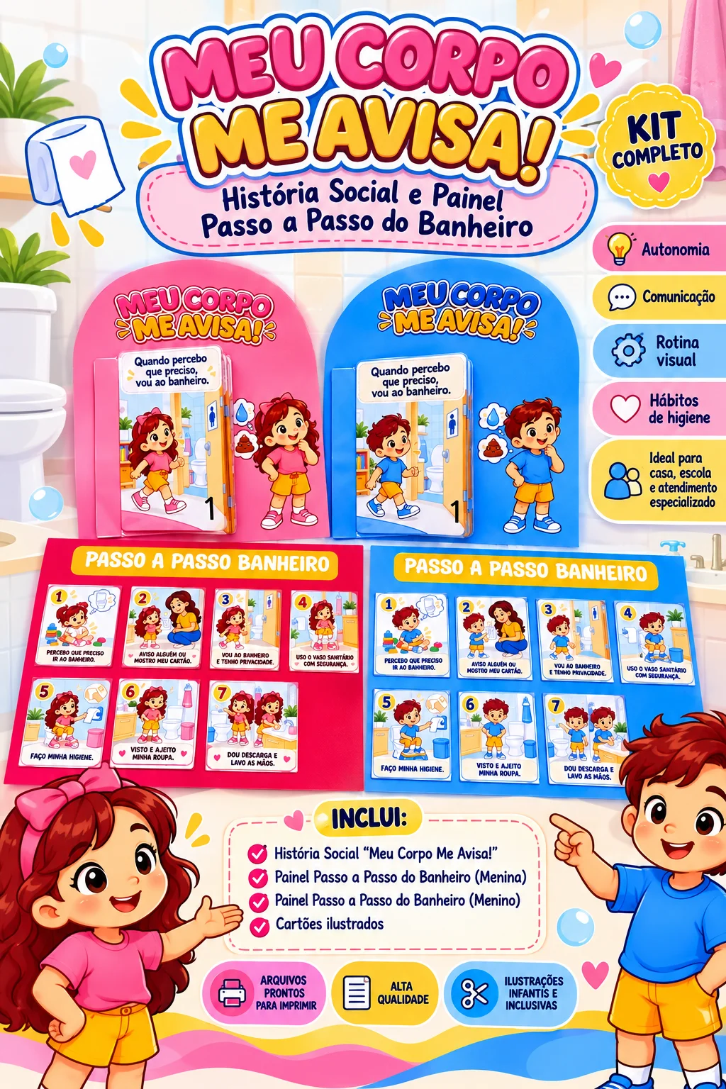 Kit Meu Corpo Me Avisa! História Social e Painéis Passo a Passo do Banheiro | Menina e Menino | PDF — capa do material