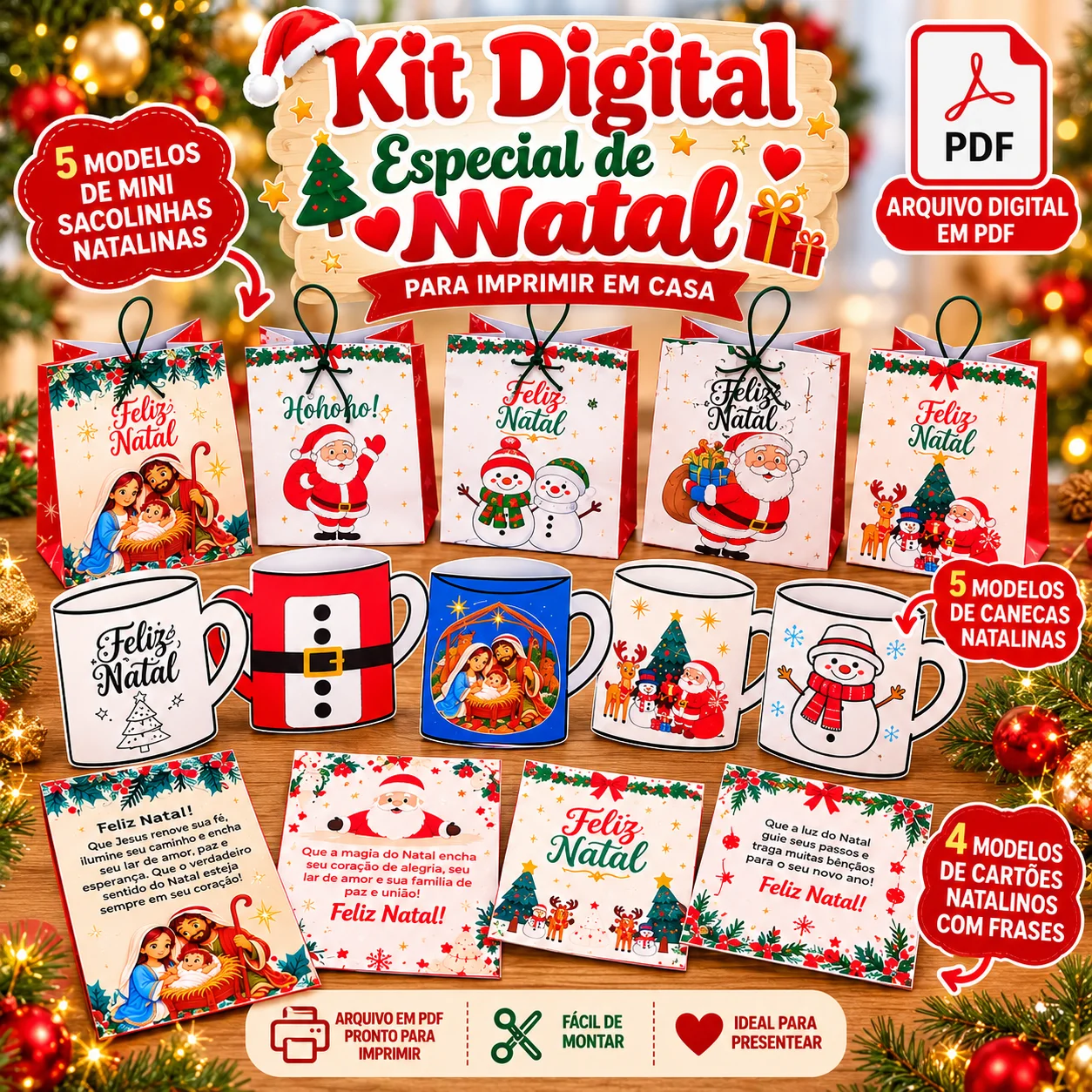 Kit Natal: 5 Sacolinhas, 5 Canecas e 4 Cartões Natalinos para Imprimir — capa do material