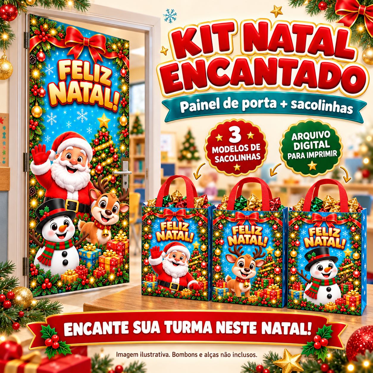 Kit Natal para Imprimir: Painel de Porta e 3 Sacolinhas Natalinas — Datas comemorativas para Educação Infantil: Decore a…