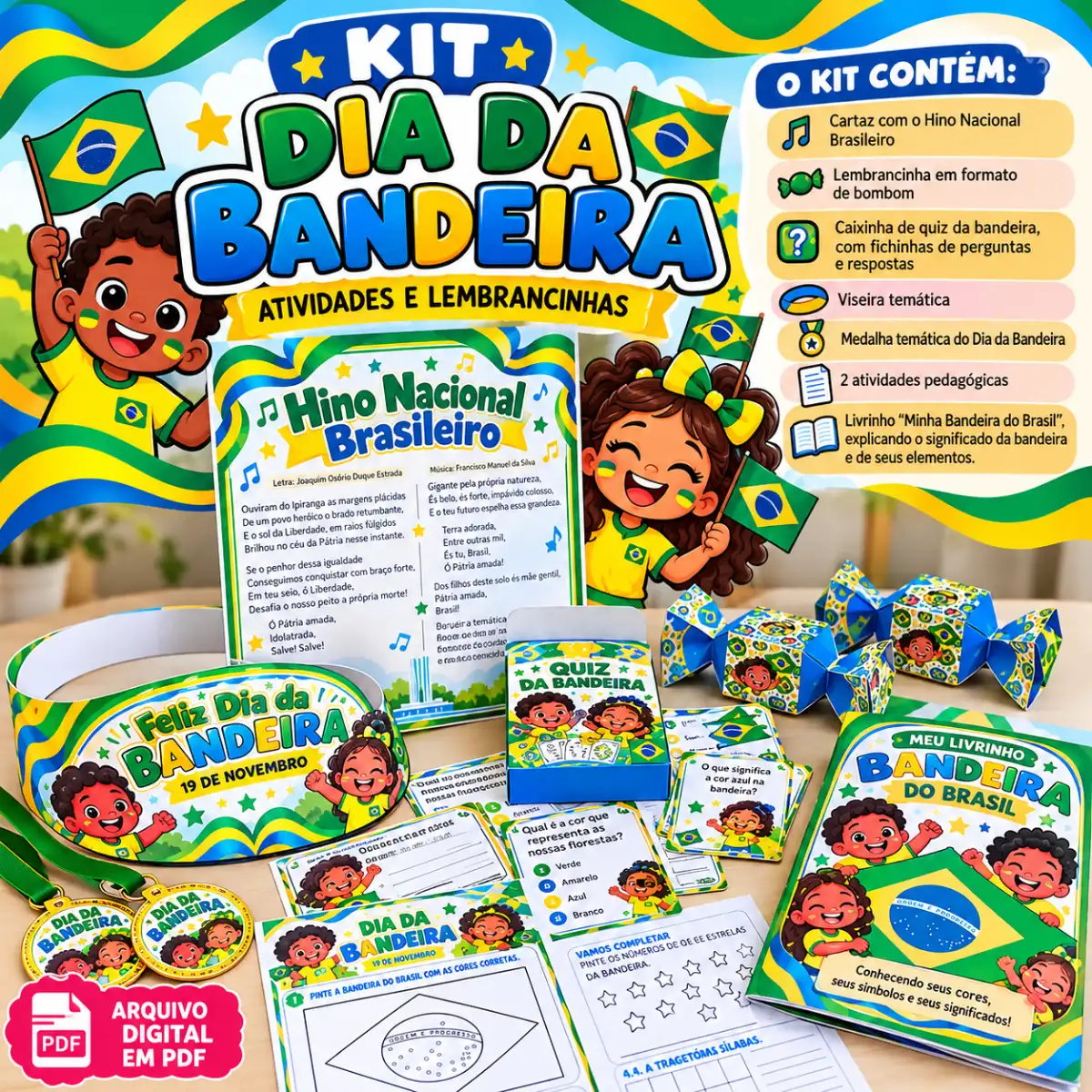 Kit Nossa Bandeira – Atividades e Lembrancinhas Em PDF — Atividades para 1º ano: Kit Dia da Bandeira em PDF com hino, quiz,…