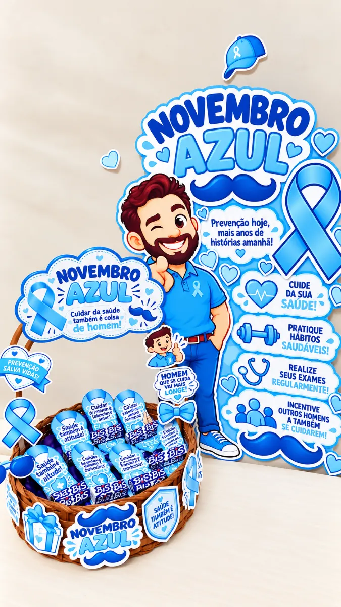 Kit Novembro Azul – Mini Painel e Cestinha em PDF — amostra 5: Kit Novembro Azul em PDF com mini painel de 4 folhas A4,…