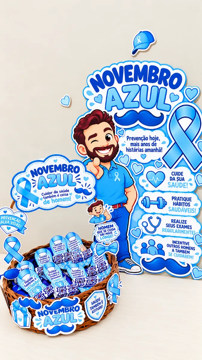 Kit Novembro Azul – Mini Painel e Cestinha em PDF — amostra 7: Kit Novembro Azul em PDF com mini painel de 4 folhas A4,…