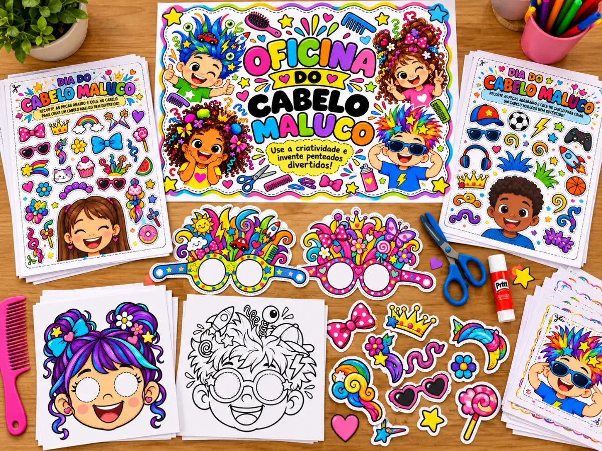Kit Oficina do Cabelo Maluco – Painel, Óculos, Máscaras e entre outros — amostra 1: Educação Infantil e anos iniciais do…