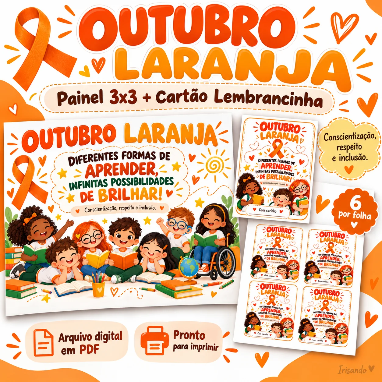 Kit Outubro Laranja – Painel + Cartão Lembrancinha | Irisando — amostra 3: Kit Outubro Laranja com painel 3x3 e cartões…