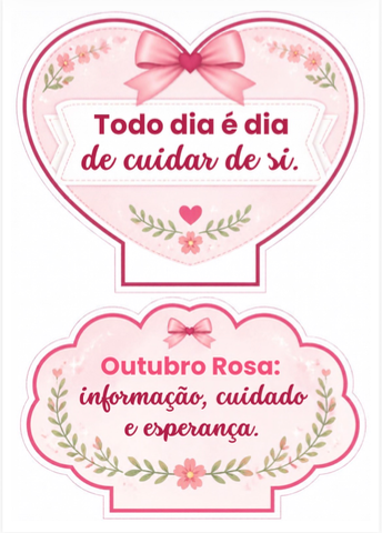 Kit Outubro Rosa – 28 Plaquinhas para Fotos e Decoração — amostra 2: 28 plaquinhas com mensagens de cuidado e conscientização