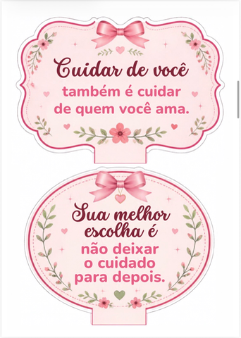 Kit Outubro Rosa – 28 Plaquinhas para Fotos e Decoração — amostra 3: 28 plaquinhas com mensagens de cuidado e conscientização