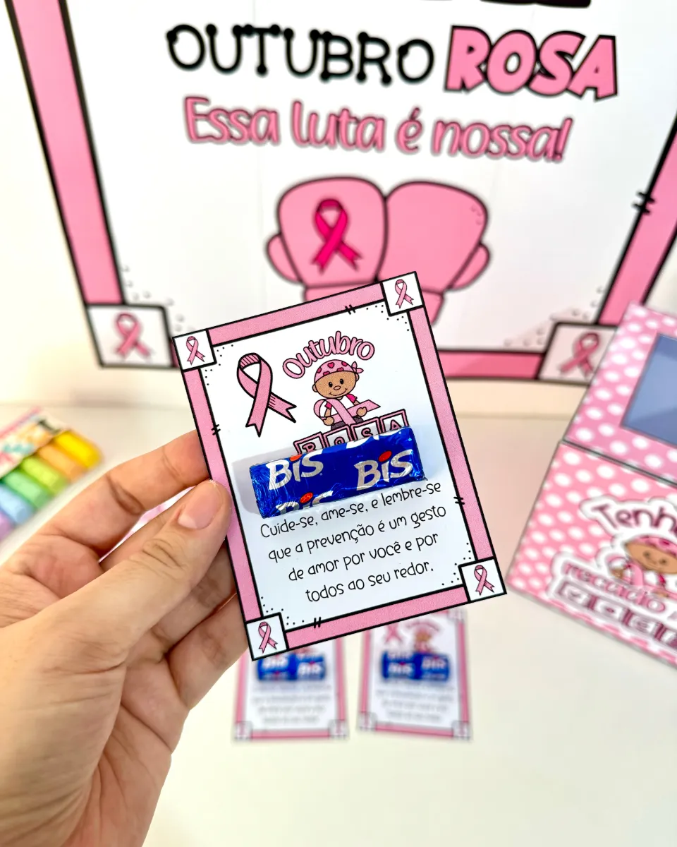 Kit Outubro Rosa: Cartaz, Caixa e Lembrancinha — amostra 1: Kit Outubro Rosa com cartaz ampliado, caixa temática e cartões…