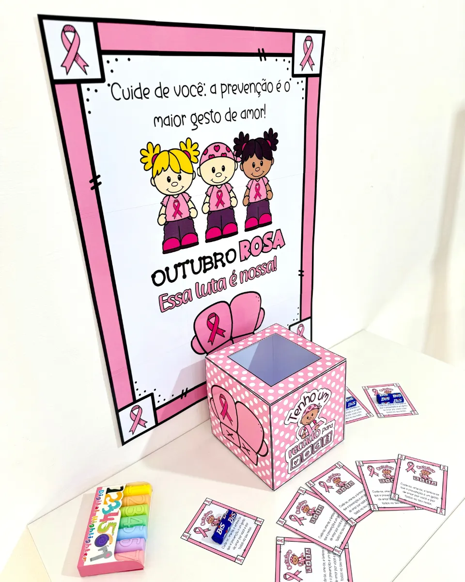 Kit Outubro Rosa: Cartaz, Caixa e Lembrancinha — amostra 3: Kit Outubro Rosa com cartaz ampliado, caixa temática e cartões…