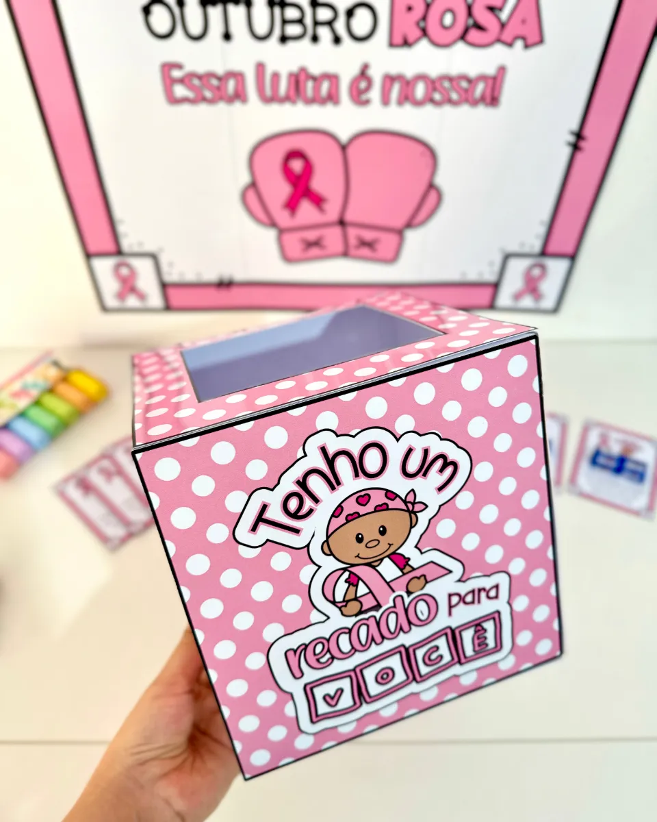 Kit Outubro Rosa: Cartaz, Caixa e Lembrancinha — amostra 4: Kit Outubro Rosa com cartaz ampliado, caixa temática e cartões…
