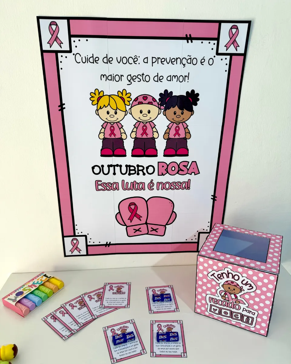 Kit Outubro Rosa: Cartaz, Caixa e Lembrancinha — Datas comemorativas para Todas as séries: Kit Outubro Rosa com cartaz…