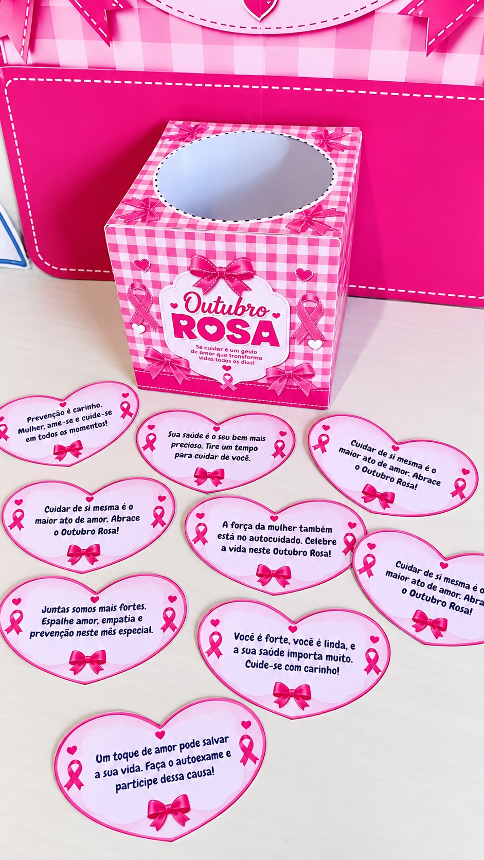 Kit Outubro Rosa com Painel, Caixinha e Mensagens de Autocuidado — amostra 3: Kit Outubro Rosa de forma acolhedora, com…