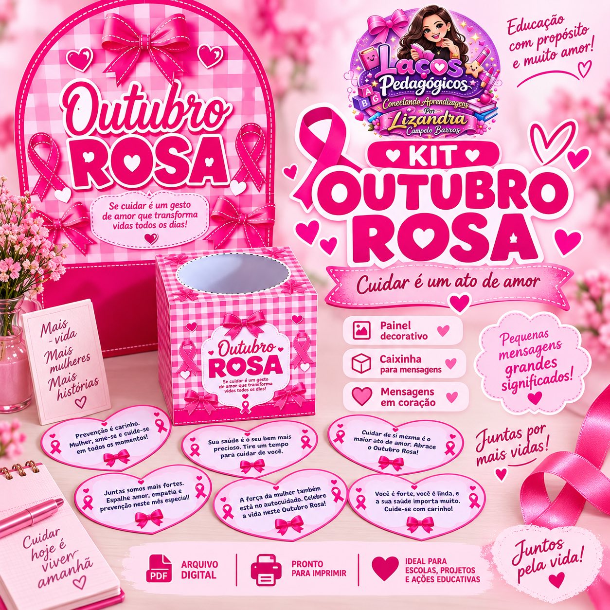 Kit Outubro Rosa com Painel, Caixinha e Mensagens de Autocuidado — capa do material