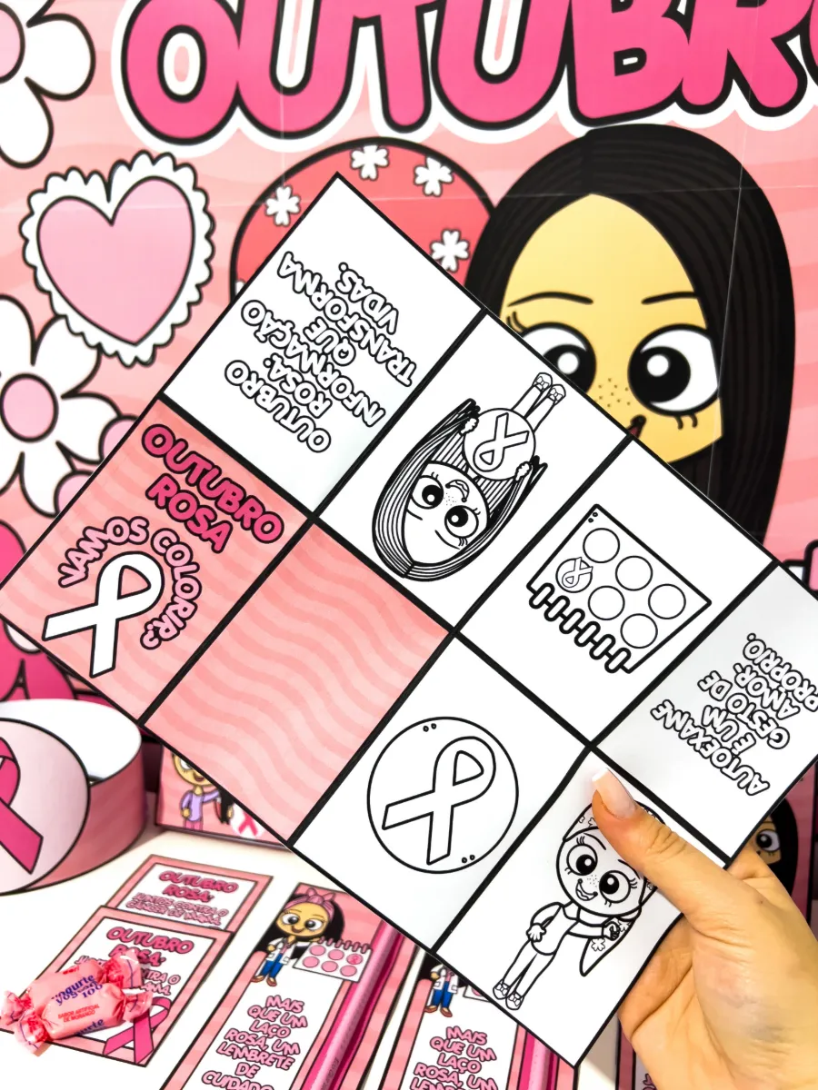 Kit Outubro Rosa Infantil – Painel, Lembrancinhas e Atividades para Educação Infantil e Ensino Fundamental — amostra 5: Um…