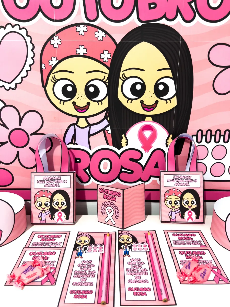 Kit Outubro Rosa Infantil – Painel, Lembrancinhas e Atividades para Educação Infantil e Ensino Fundamental — amostra 6: Um…