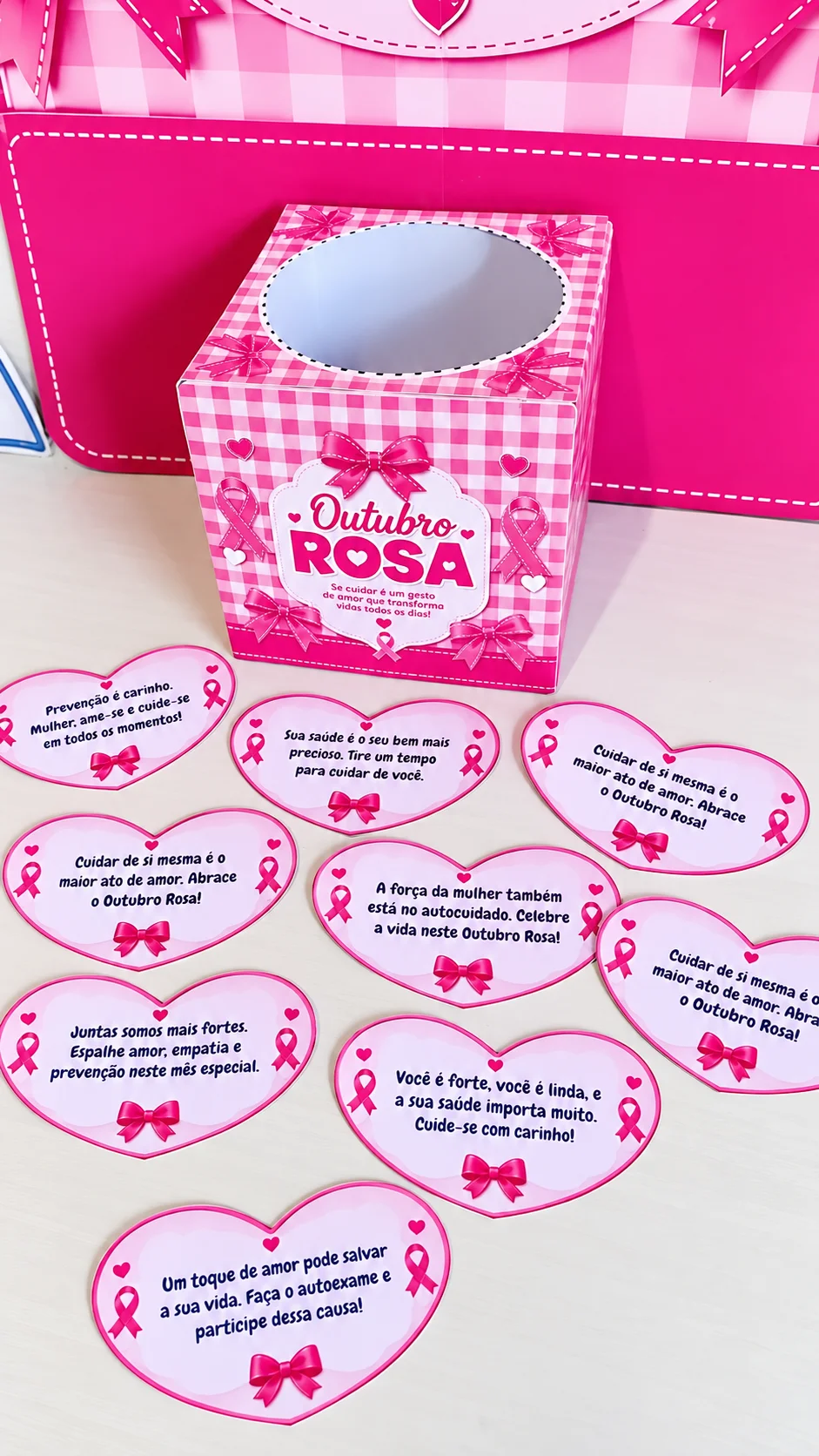 Kit Outubro Rosa – Painel, Caixinha e Mensagens — amostra 1: 🎀💗 KIT OUTUBRO ROSA – CUIDAR É UM ATO DE AMOR! Kit Outubro Rosa – Painel, Caixinha e Mensagens — amostra 1: 🎀💗 KIT OUTUBRO ROSA – CUIDAR É UM ATO DE AMOR!