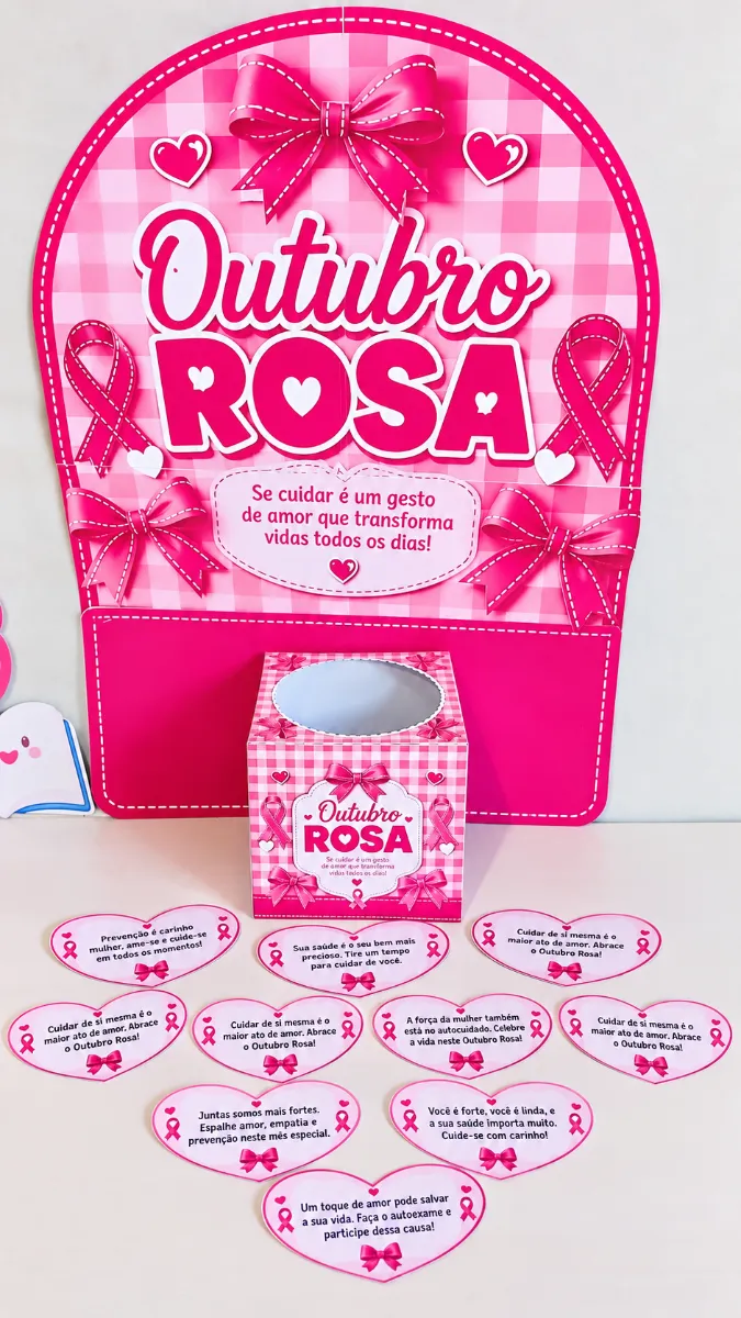 Kit Outubro Rosa – Painel, Caixinha e Mensagens — amostra 5: Kit Outubro Rosa com painel de 4 folhas A4, caixinha e…