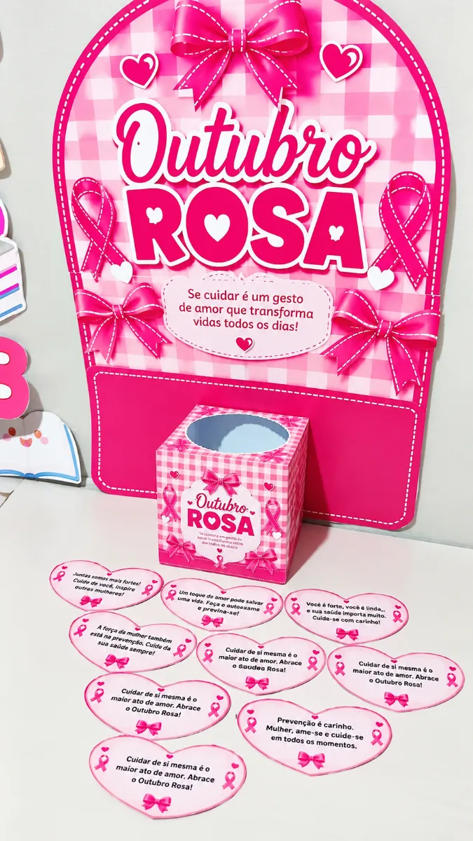 Kit Outubro Rosa – Painel, Caixinha e Mensagens — amostra 6: Kit Outubro Rosa com painel de 4 folhas A4, caixinha e…