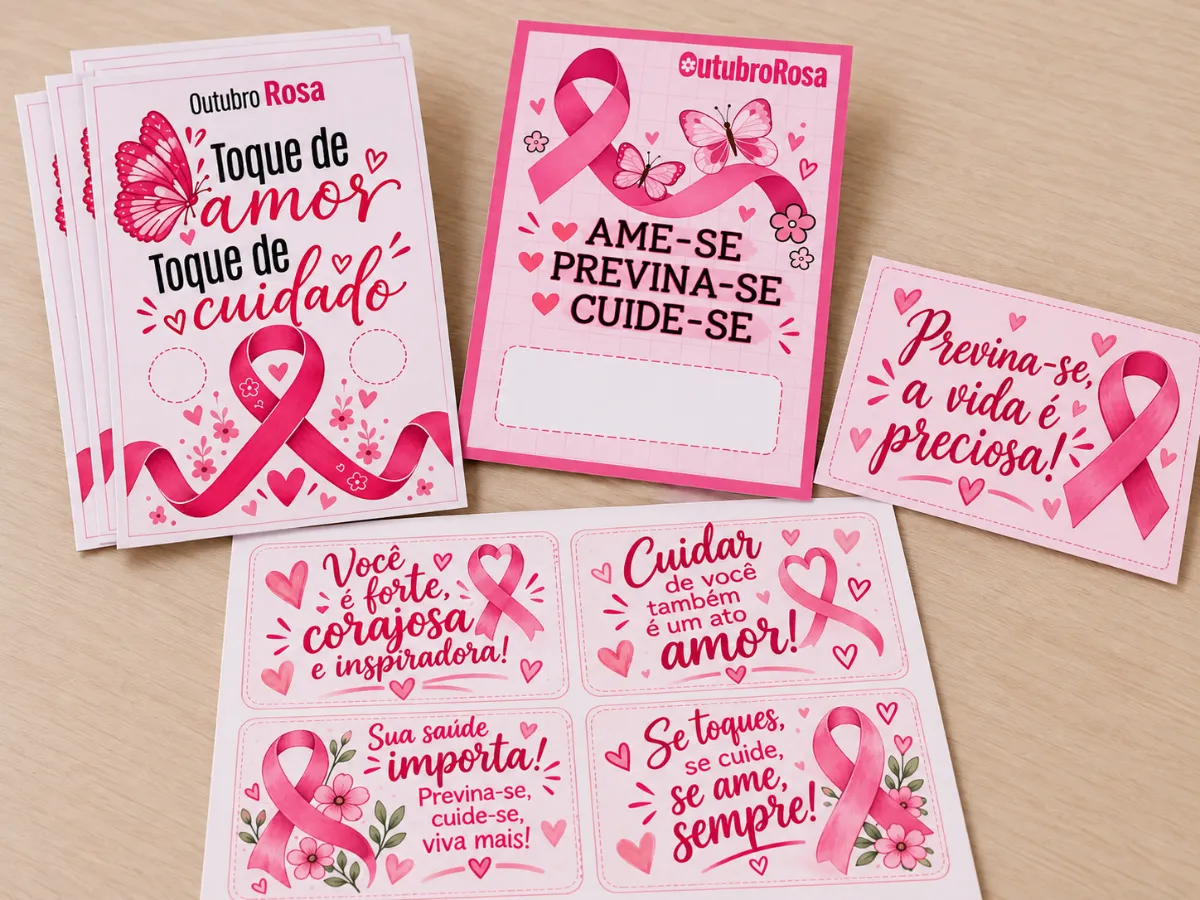 Kit Outubro Rosa – Painel + Cartões + Lembrancinhas — amostra 1: Arquivo digital em PDF, pronto para imprimir.