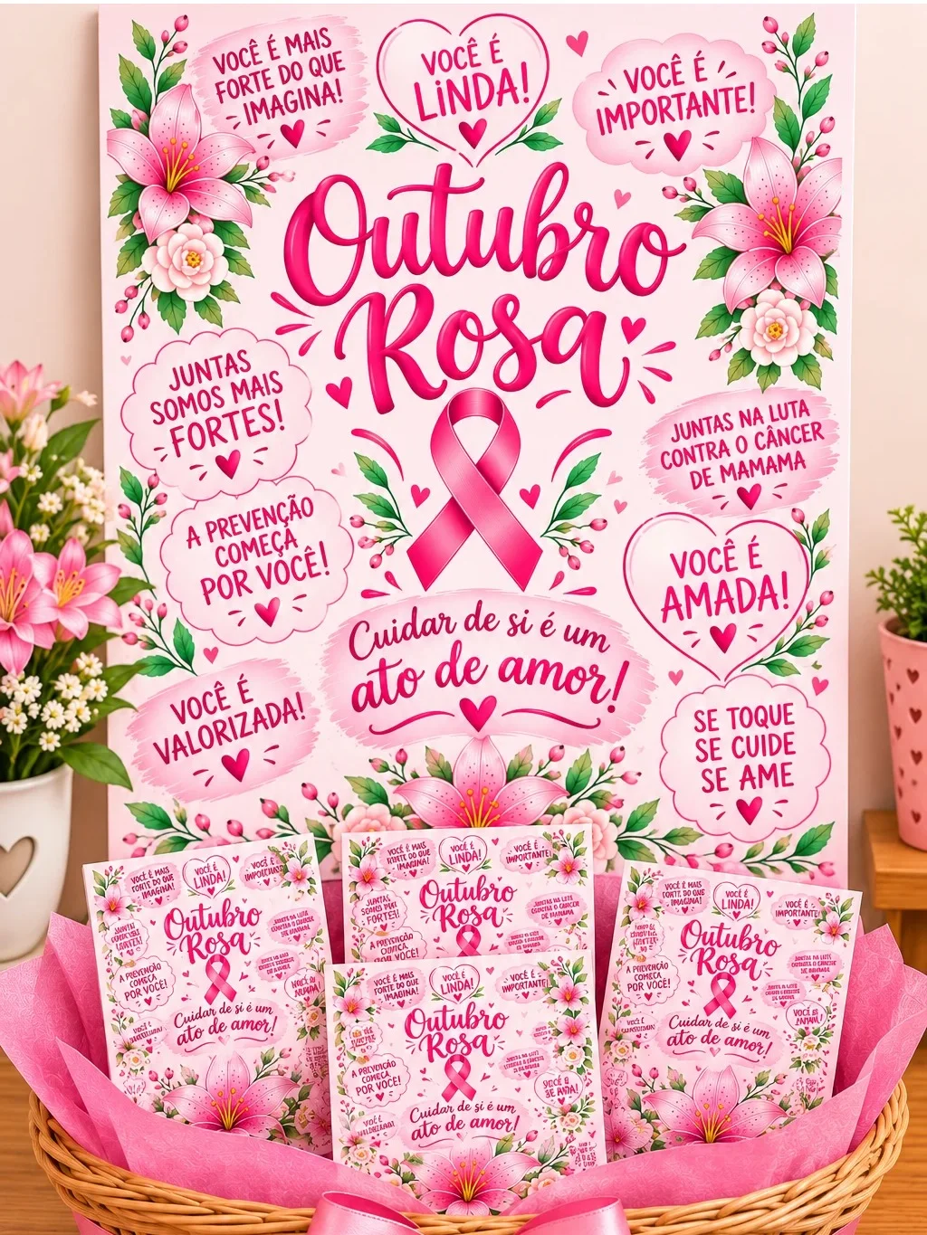 KIT OUTUBRO ROSA PAINEL ESCOLAR + CARTÕES LEMBRANCINHA PDF — amostra 1: O que está incluso