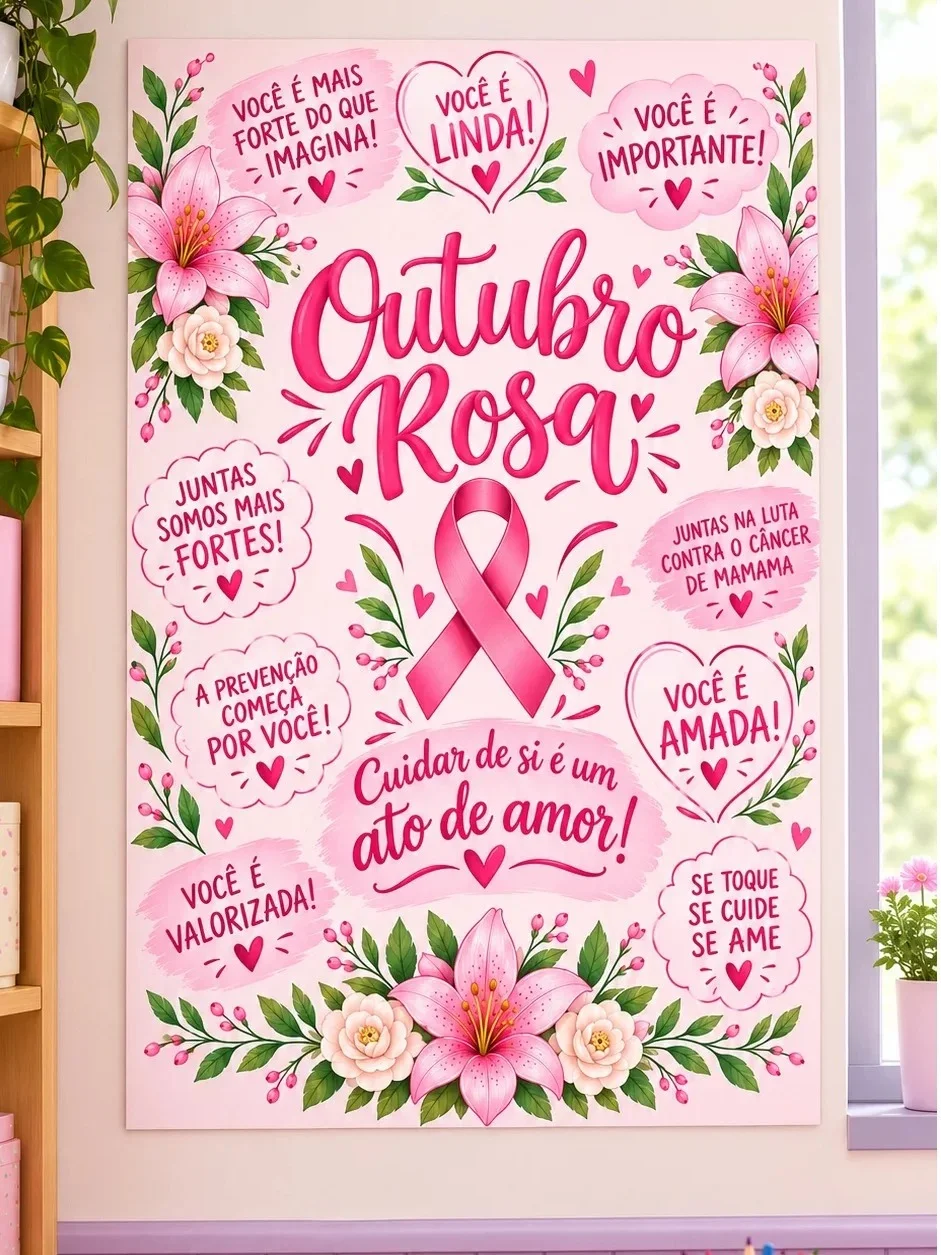 KIT OUTUBRO ROSA PAINEL ESCOLAR + CARTÕES LEMBRANCINHA PDF — amostra 2: Kit Outubro Rosa com painel decorativo e 3 cartões…