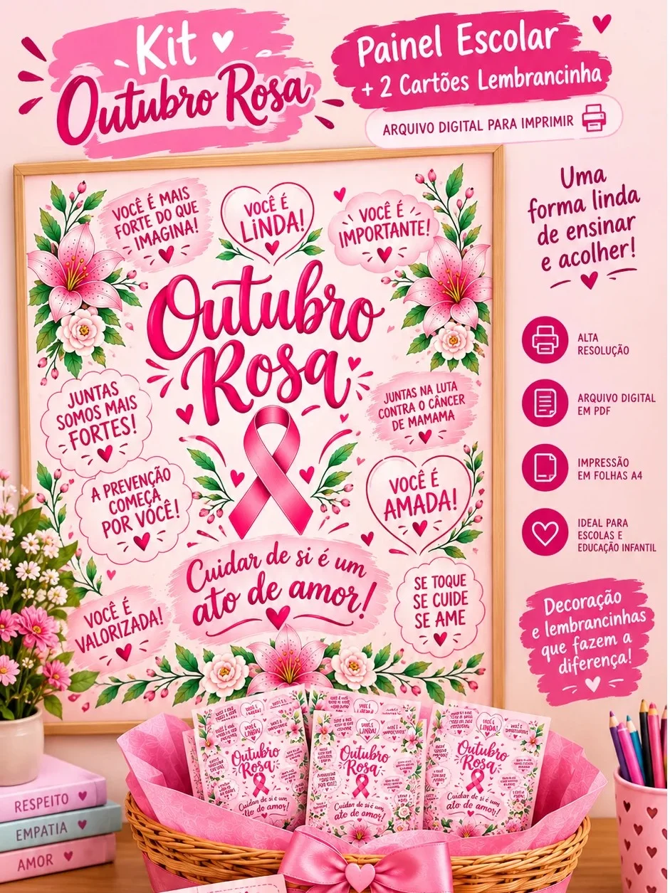 KIT OUTUBRO ROSA PAINEL ESCOLAR + CARTÕES LEMBRANCINHA PDF — capa do material