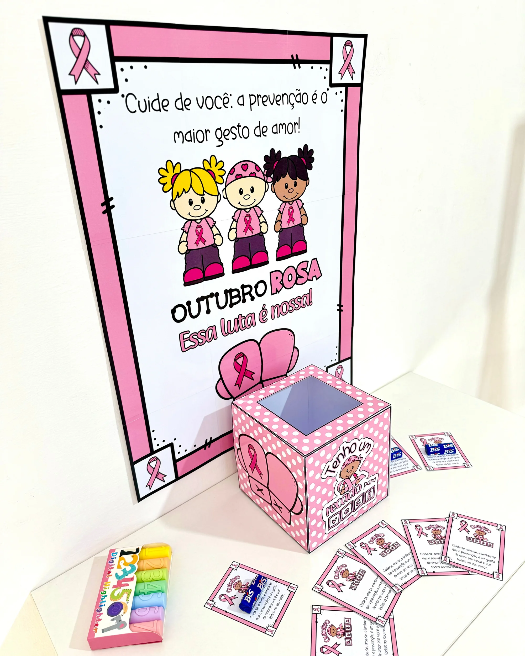Kit Outubro Rosa para Educação Infantil e Ensino Fundamental – Caixa, Cartaz e Lembrancinha — amostra 4: Kit Outubro Rosa…