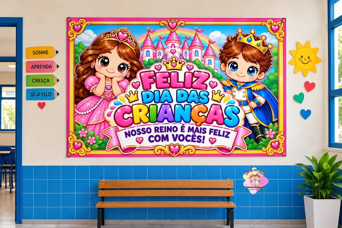*🎀👑✨KIT PAINEL/CARTAZ E LEMBRANCINHA DAS CRIANÇAS – PRÍNCIPE E PRINCESA ✨👑🎀* — amostra 2: Material em pdf pronto para…