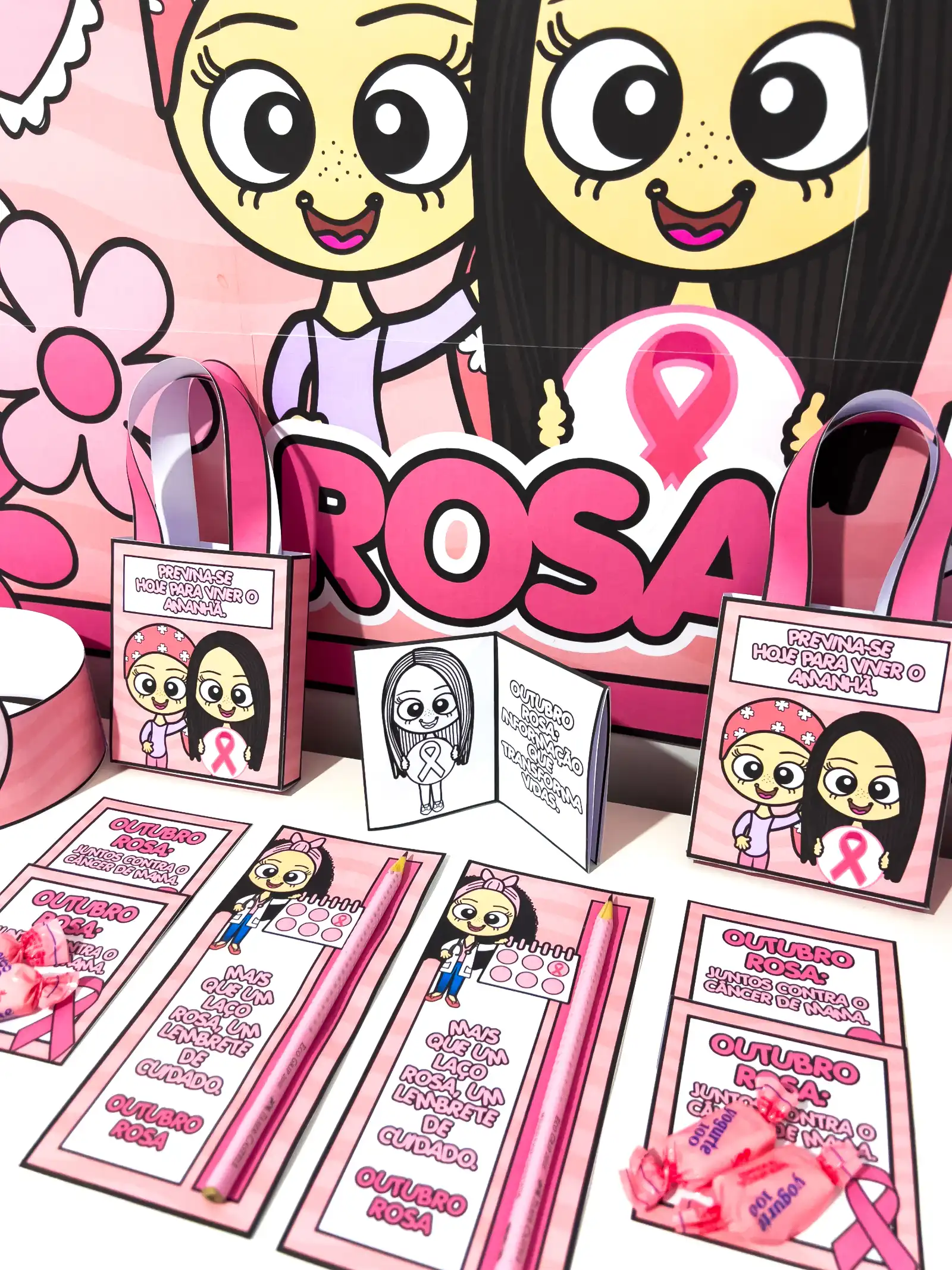 Kit Painel e Lembrancinhas Outubro Rosa – Educação Infantil — amostra 1: Kit Outubro Rosa com painel decorativo, coroas…