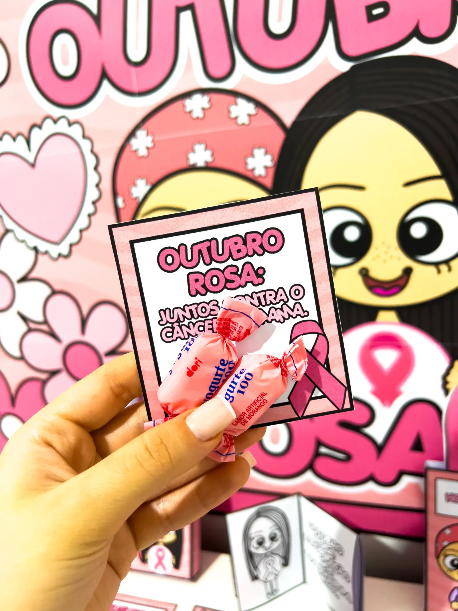 Kit Painel e Lembrancinhas Outubro Rosa – Educação Infantil — amostra 4: Kit Outubro Rosa com painel decorativo, coroas…