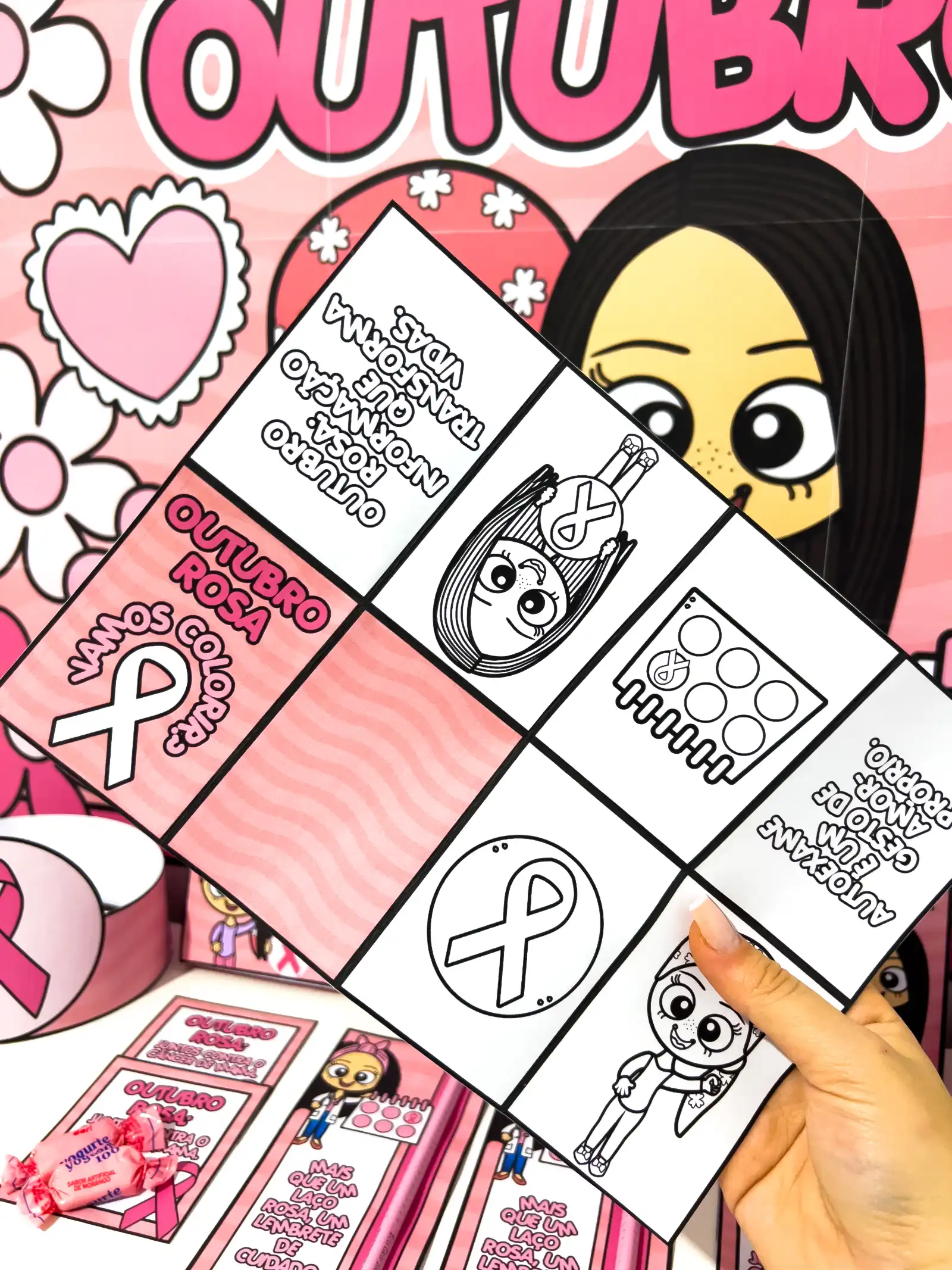Kit Painel e Lembrancinhas Outubro Rosa – Educação Infantil — amostra 5: Kit Outubro Rosa com painel decorativo, coroas…