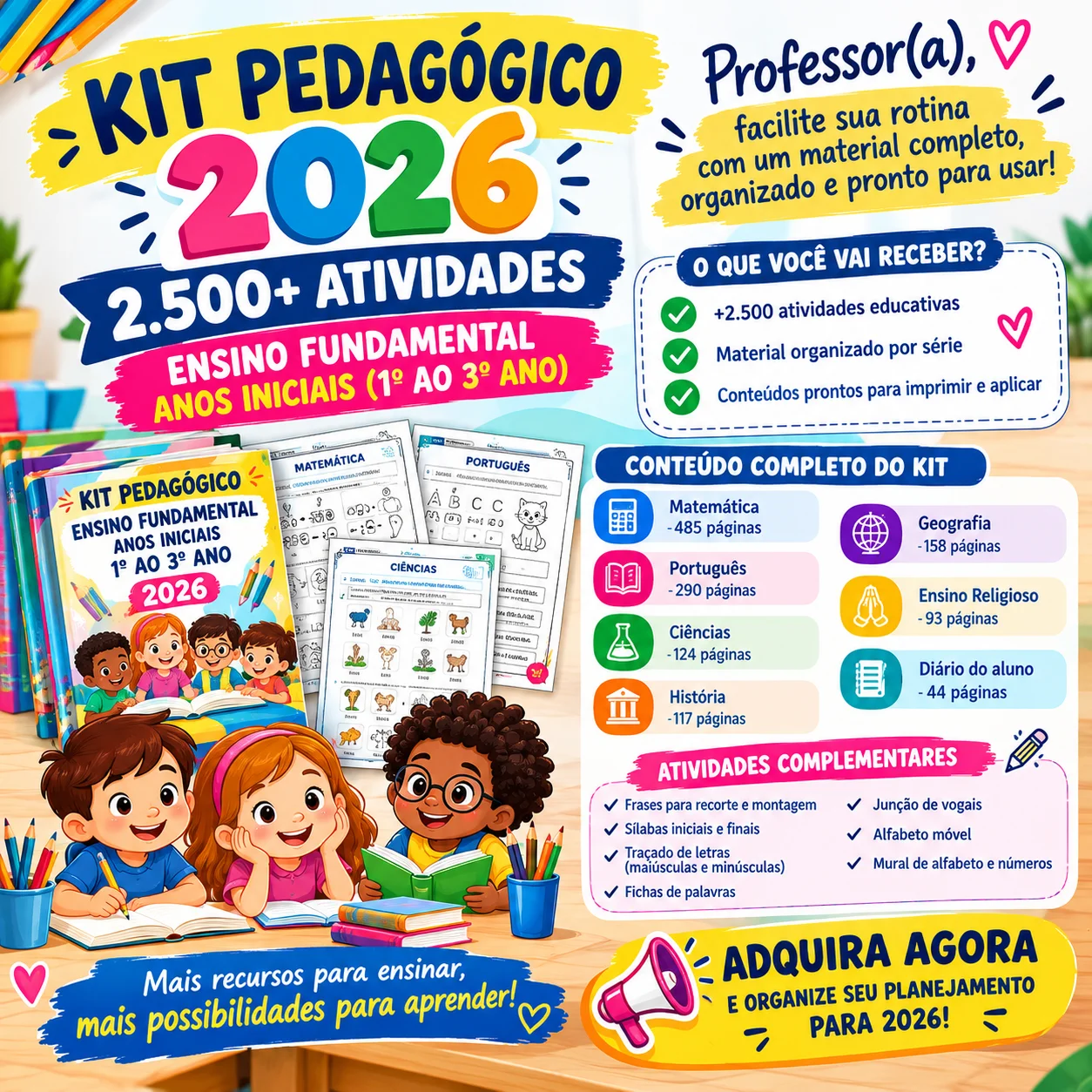 Kit Pedagógico 2026 – 2.500 Atividades do 1º ao 3º Ano — Alfabetização para 3º ano: 📚 Kit pedagógico 2026 com mais de 2