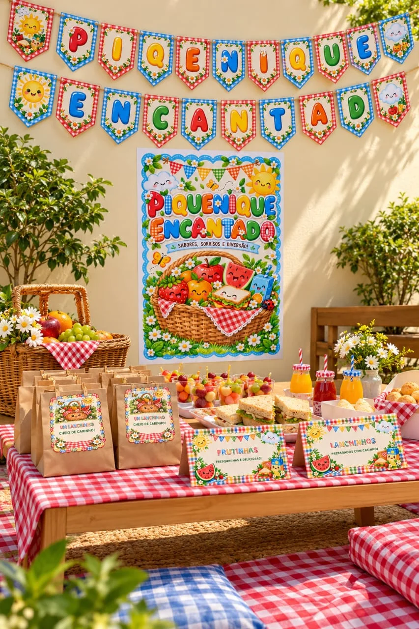 Kit Piquenique Encantado – Painel e Decoração Infantil — amostra 1: 🧺🌞 PIQUENIQUE ENCANTADO – SABORES, SORRISOS E DIVERSÃO!