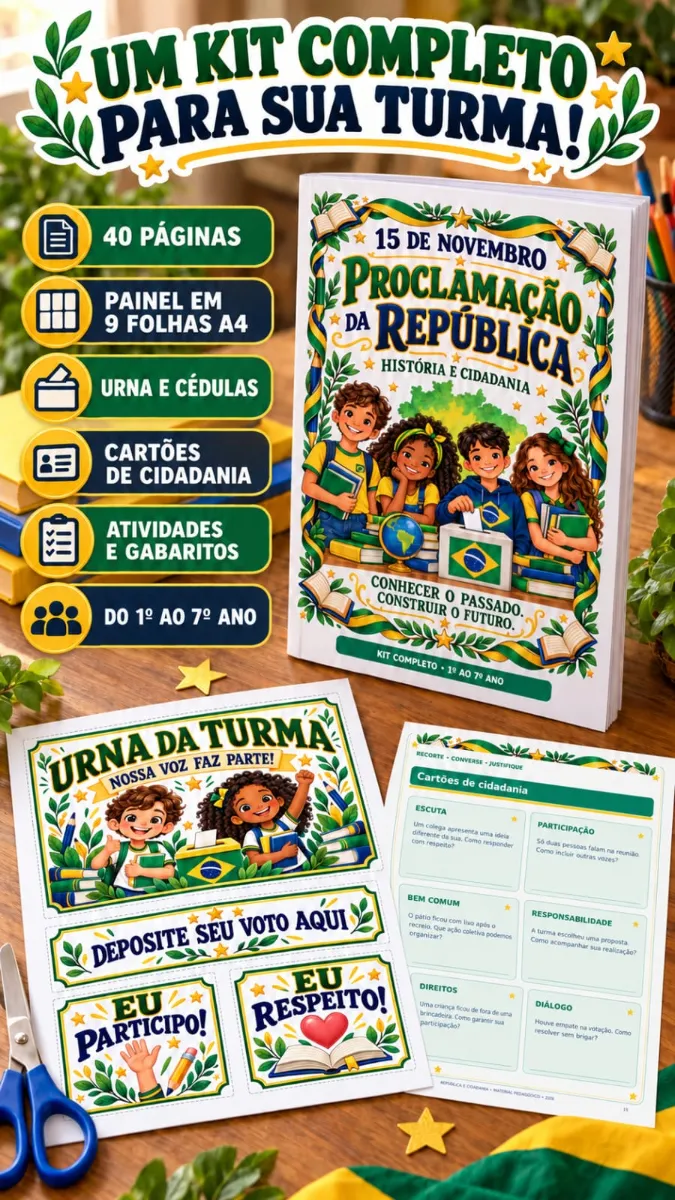 Kit Proclamação da República em PDF com 40 páginas, painel, urna, votação, cartões de cidadania e atividades do 1º ao 7º…