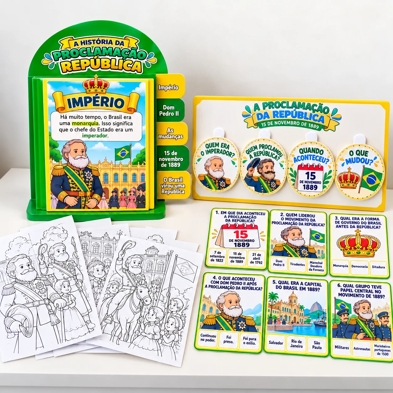 KIT PROCLAMAÇÃO DA REPÚBLICA – REVISTA INTERATIVA, PAINEL, DESENHOS PARA COLORIR E CARDS — amostra 1: 📚 O que acompanha o… KIT PROCLAMAÇÃO DA REPÚBLICA – REVISTA INTERATIVA, PAINEL, DESENHOS PARA COLORIR E CARDS — amostra 1: 📚 O que acompanha o…