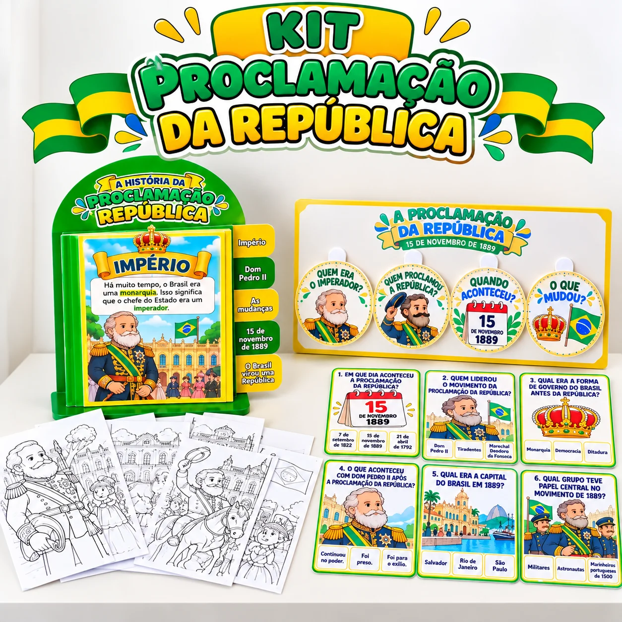 KIT PROCLAMAÇÃO DA REPÚBLICA – REVISTA INTERATIVA, PAINEL, DESENHOS PARA COLORIR E CARDS — capa do material