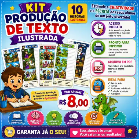 Kit Produção de Texto Ilustrada – Ensino Fundamental I — amostra 5: Kit Produção de Texto Ilustrada com 10 histórias em…