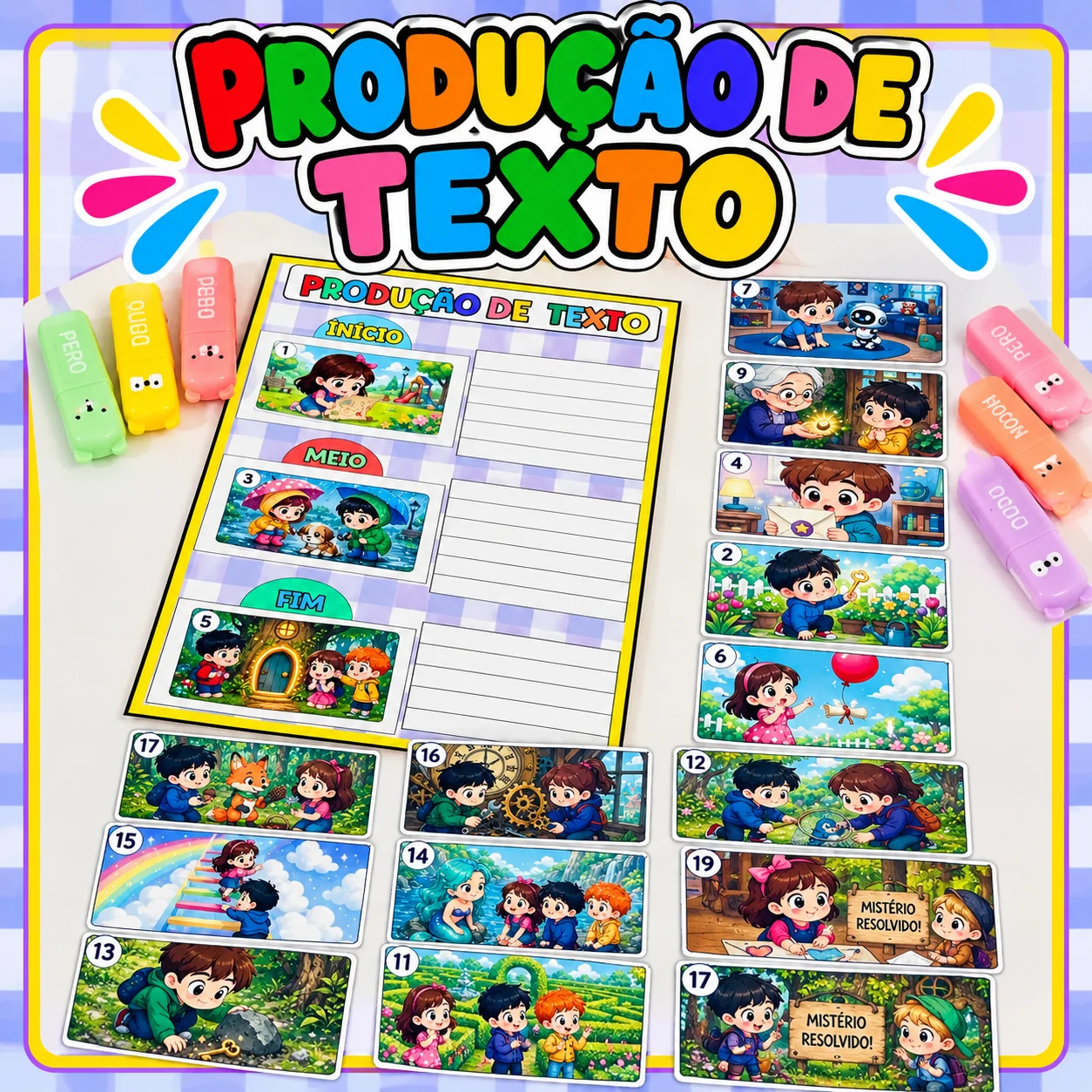 Kit Produção de Texto – Início, Meio e Fim | 60 Cenas — Alfabetização para 5º ano: Kit com 60 cenas ilustradas para criar…