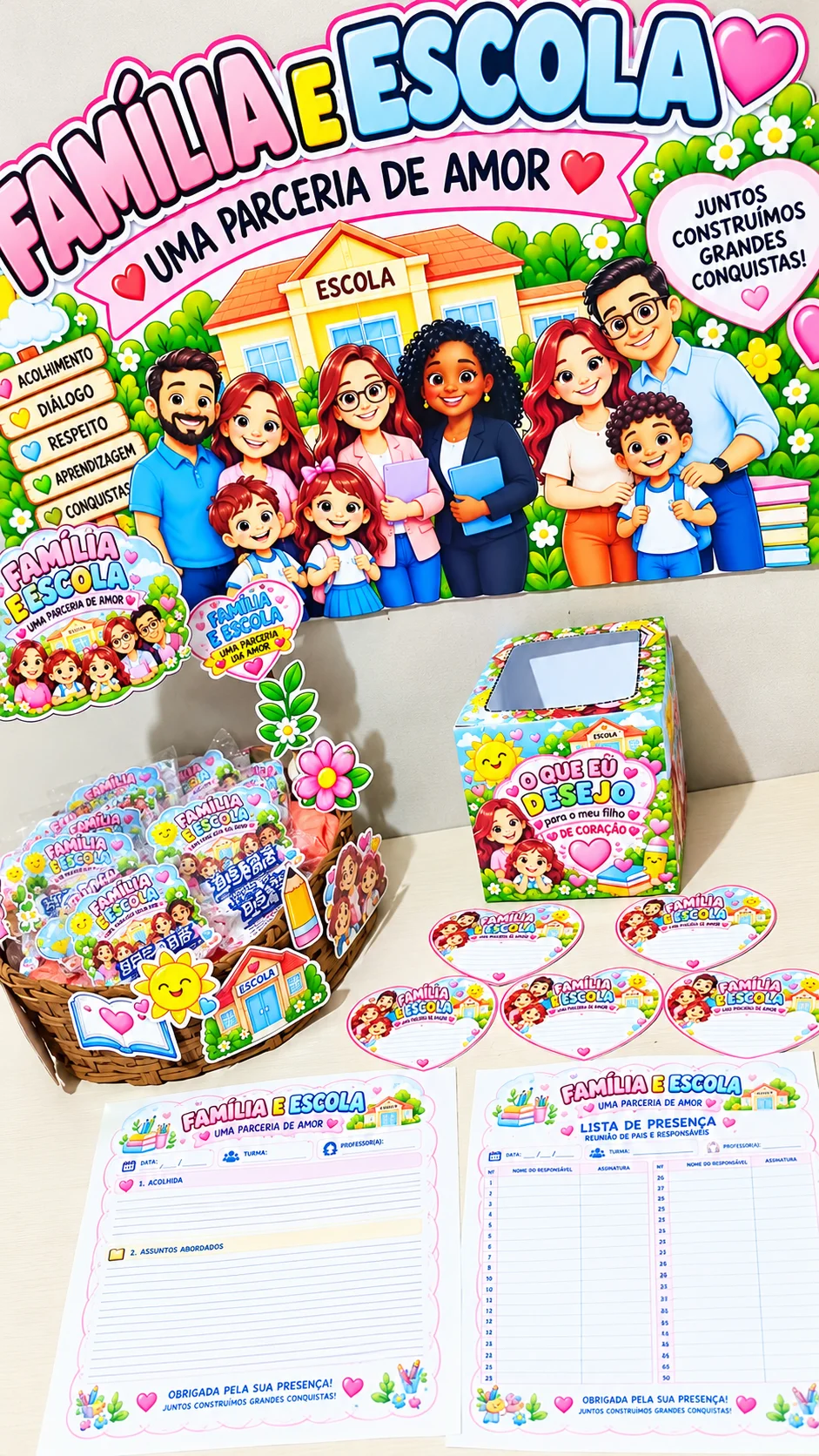 Kit Reunião de Pais | Painel, Dinâmica e Lembrancinhas — amostra 1: 🏫💖 KIT REUNIÃO DE PAIS – FAMÍLIA E ESCOLA: UMA…