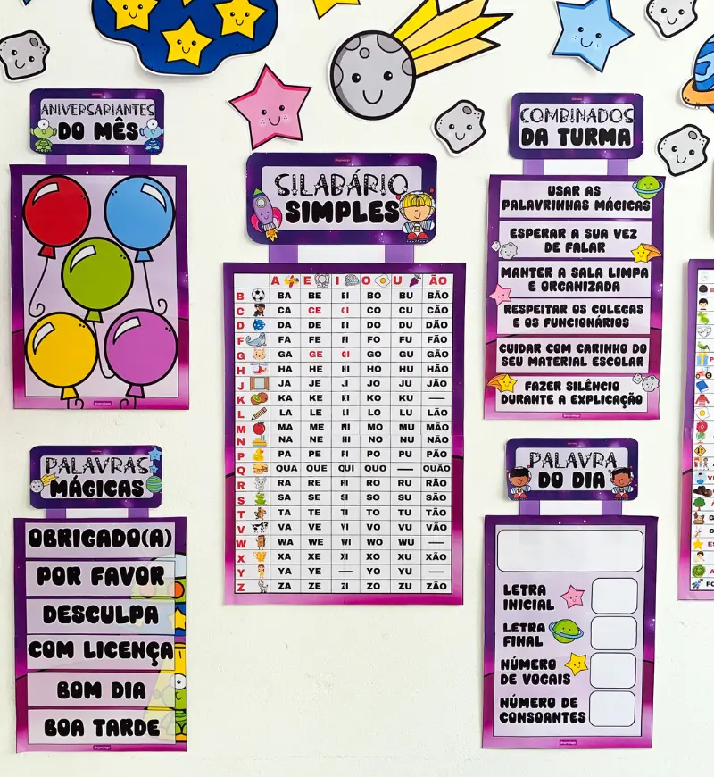Kit Sala de Aula - Viajando no Espaço – PDF para Imprimir — amostra 4: ORNAMENTAÇÃO DE SALA - VIAJANDO NO ESPAÇO Sugestão…