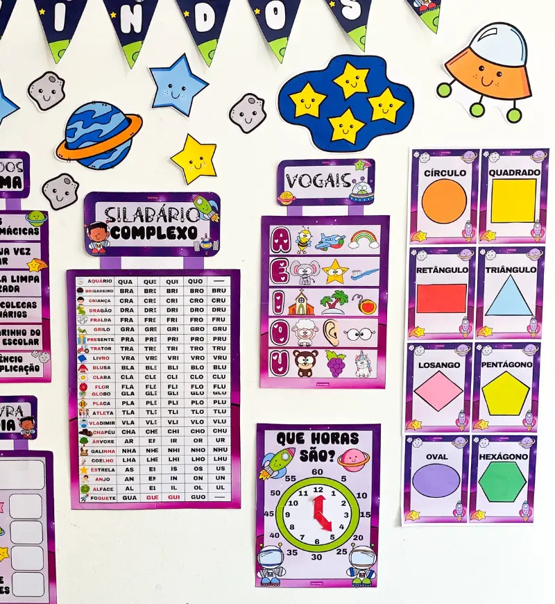 Kit Sala de Aula - Viajando no Espaço – PDF para Imprimir — amostra 5: ORNAMENTAÇÃO DE SALA - VIAJANDO NO ESPAÇO Sugestão…