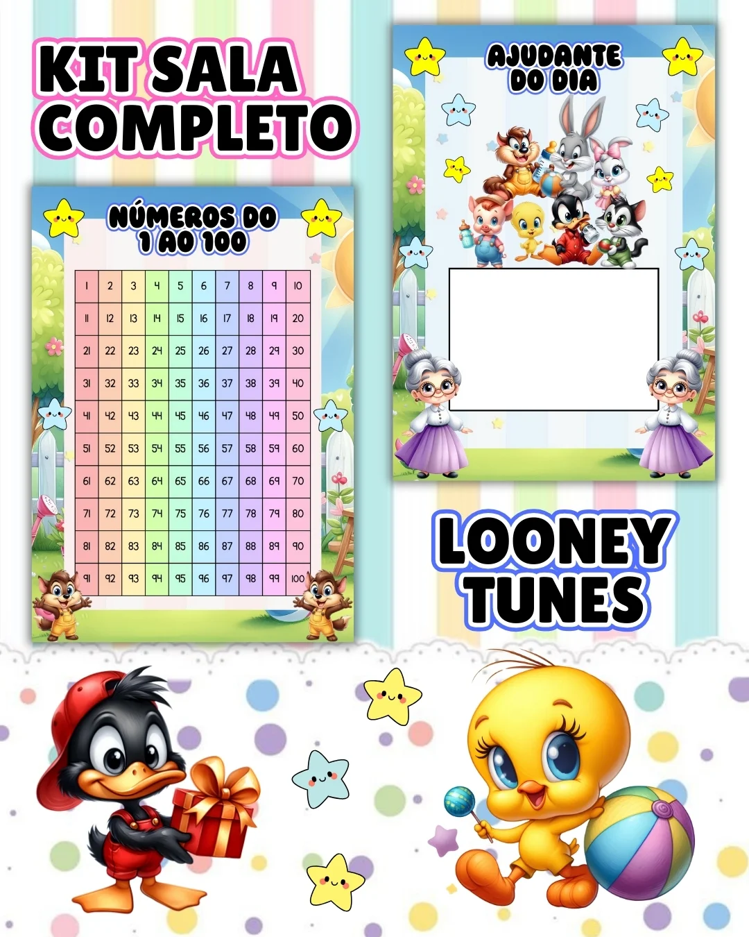 Kit sala looney tunes completo – PDF para Imprimir — amostra 1: O que vem no material