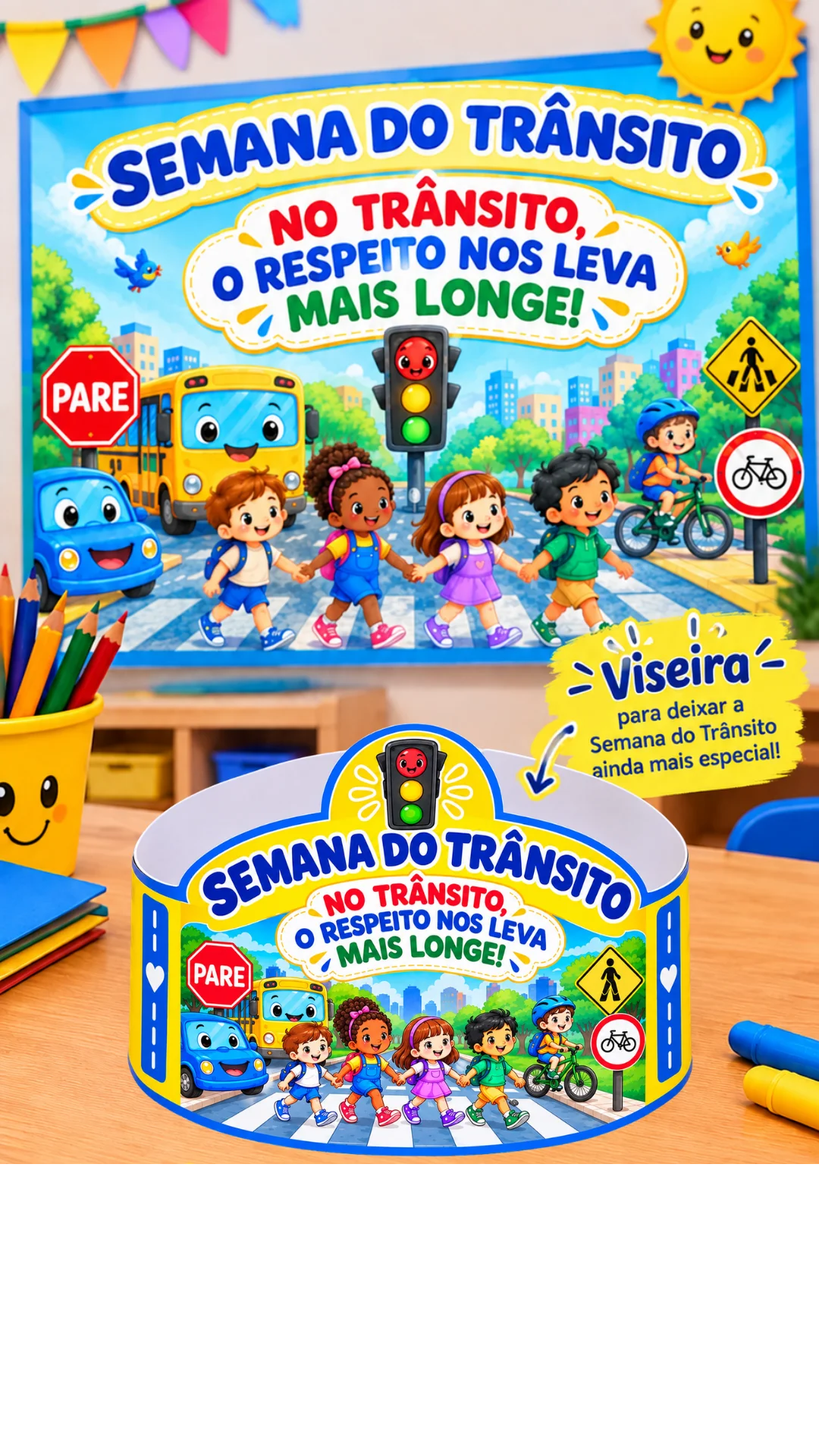 KIT SEMANA DO TRÂNSITO: PAINEL + COROA + PLACAS EDUCATIVAS — amostra 1: O que está incluso