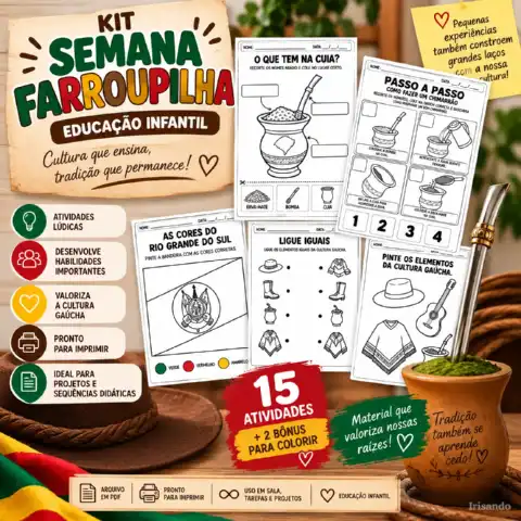 Kit Semana Farroupilha | 15 Atividades + 2 Bônus — amostra 1: O kit reúne 15 atividades + 2 bônus para colorir, com…