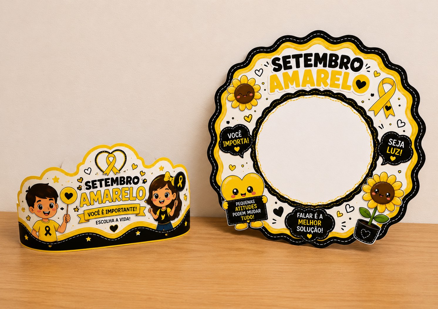 Kit Setembro Amarelo “Moldura + Viseira” — amostra 1: Kit pedagógico com moldura temática e viseira personalizada para…
