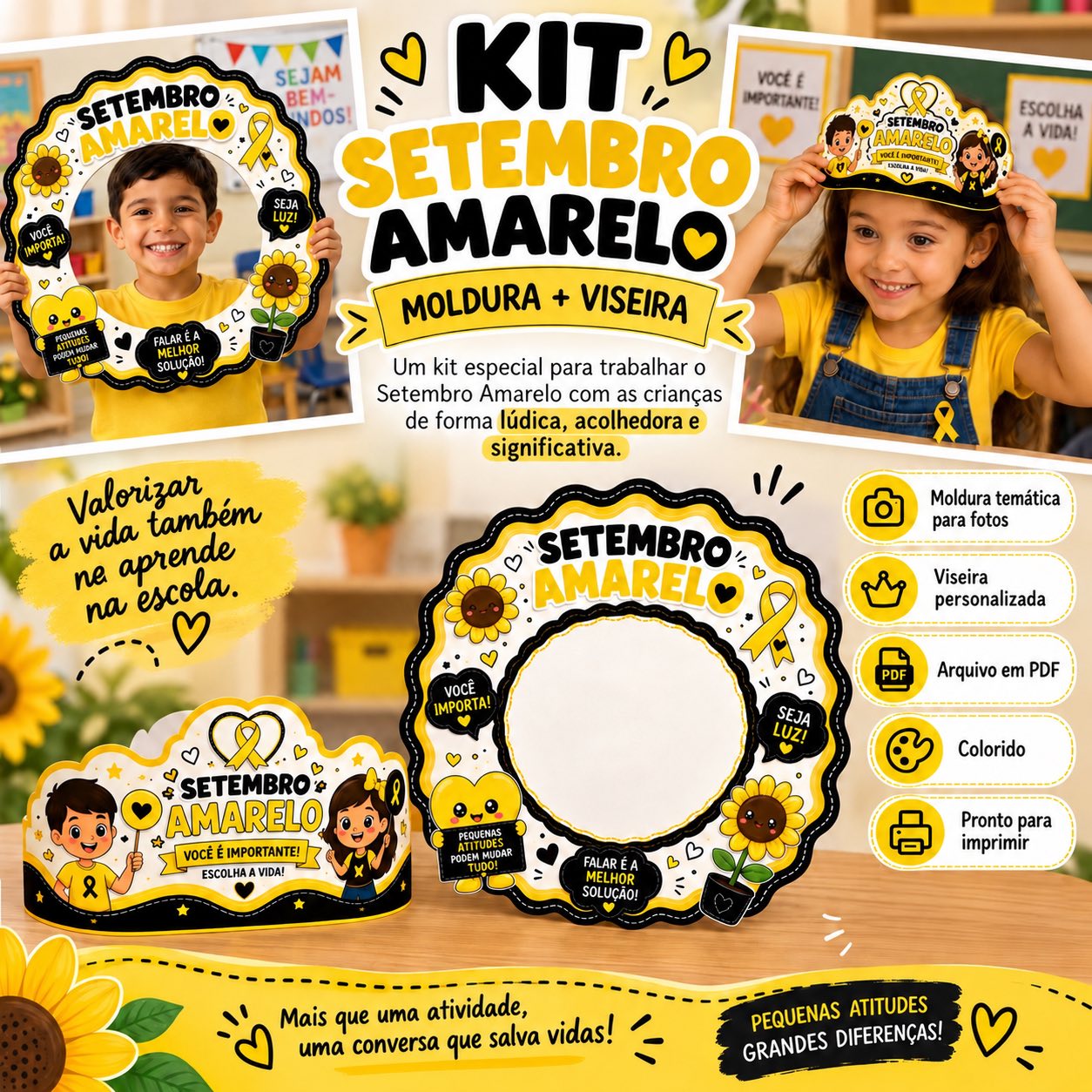 Kit Setembro Amarelo “Moldura + Viseira” — Atividades para Educação Infantil: Kit pedagógico com moldura temática e viseira…
