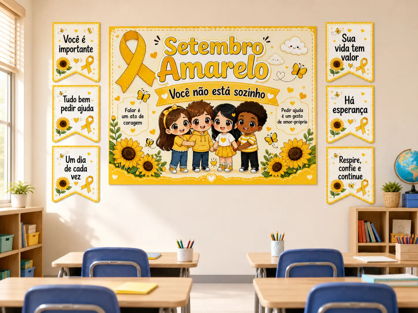 Kit Setembro Amarelo – Painel e Plaquinhas para Sala de Aula — amostra 4: Kit Setembro Amarelo com painel e plaquinhas…