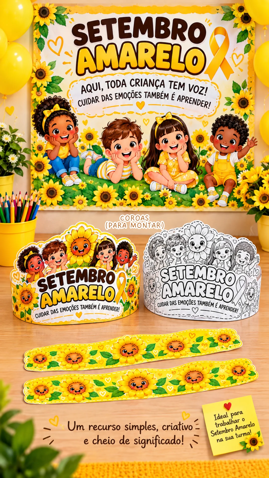 KIT SETEMBRO AMARELO - PAINEL+VISEIRA PARA FOTO+CARTÃO LEMBRANCINHA — amostra 1: O que está incluso?