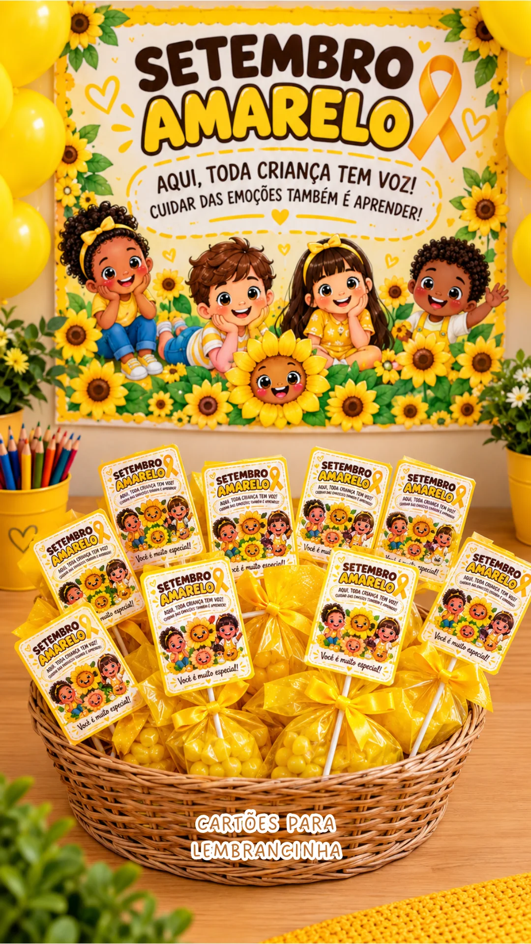 KIT SETEMBRO AMARELO - PAINEL+VISEIRA PARA FOTO+CARTÃO LEMBRANCINHA — amostra 2: Faixa etária / ano escolar: